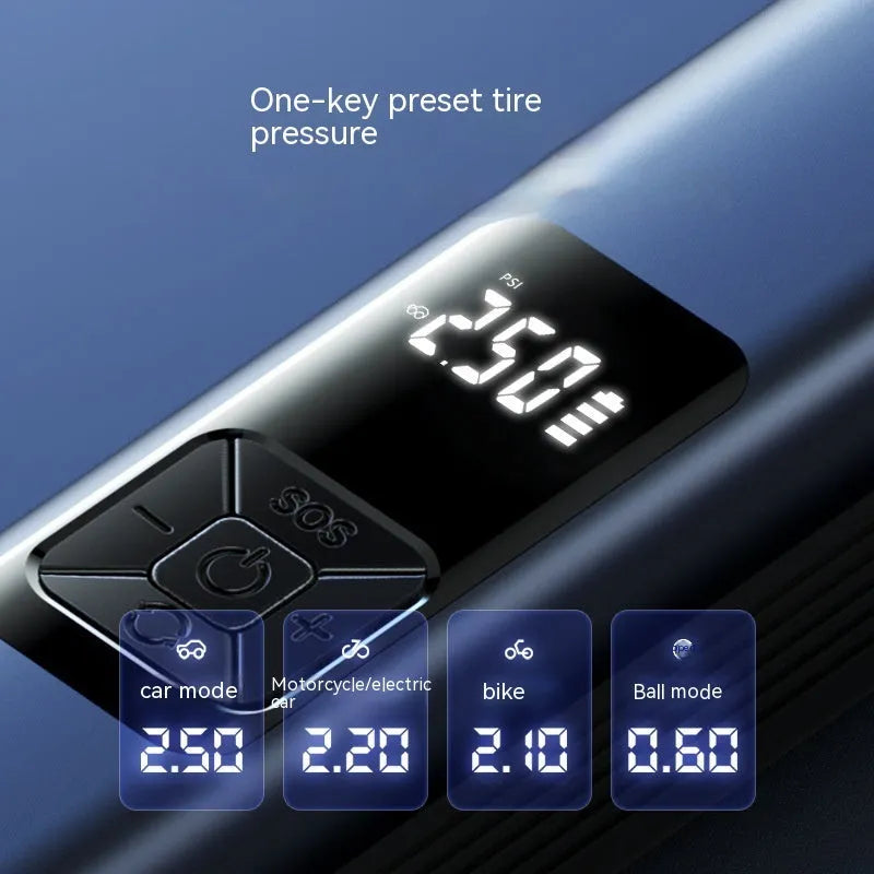 Wireless digital display car inflator and vacuum cleaner with emergency light, shown with accessories.