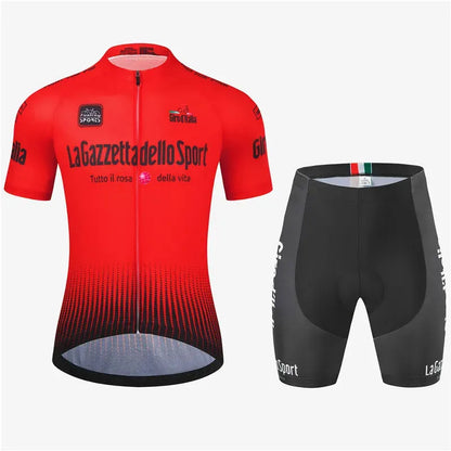 Short sleeve cycling suit in a patterned design, shown in a colour variant, for summer road biking.