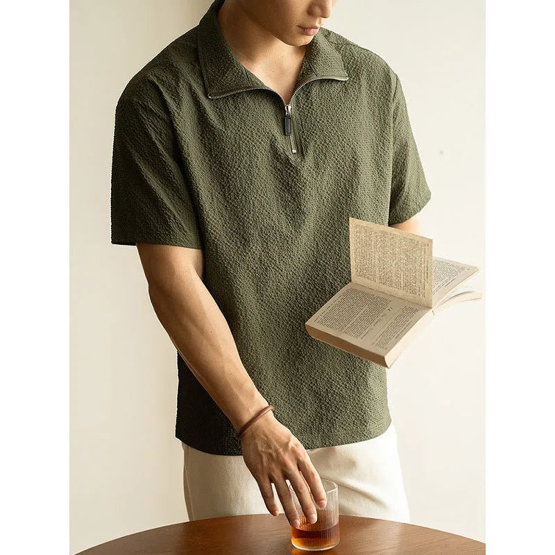 Men's loose-fit cedar green short-sleeve t-shirt made from ice silk polyester fabric.