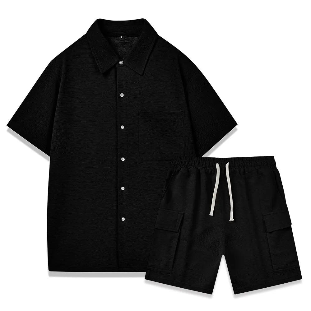 Women's elastic waist shorts set in beige, showing short-sleeve top and matching shorts.