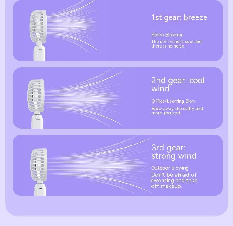 Purple handheld USB fan with power bank ports, shown with a white USB cable.