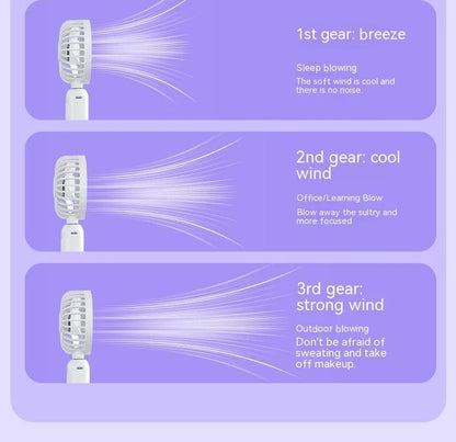 Purple handheld USB fan with power bank ports, shown with a white USB cable.