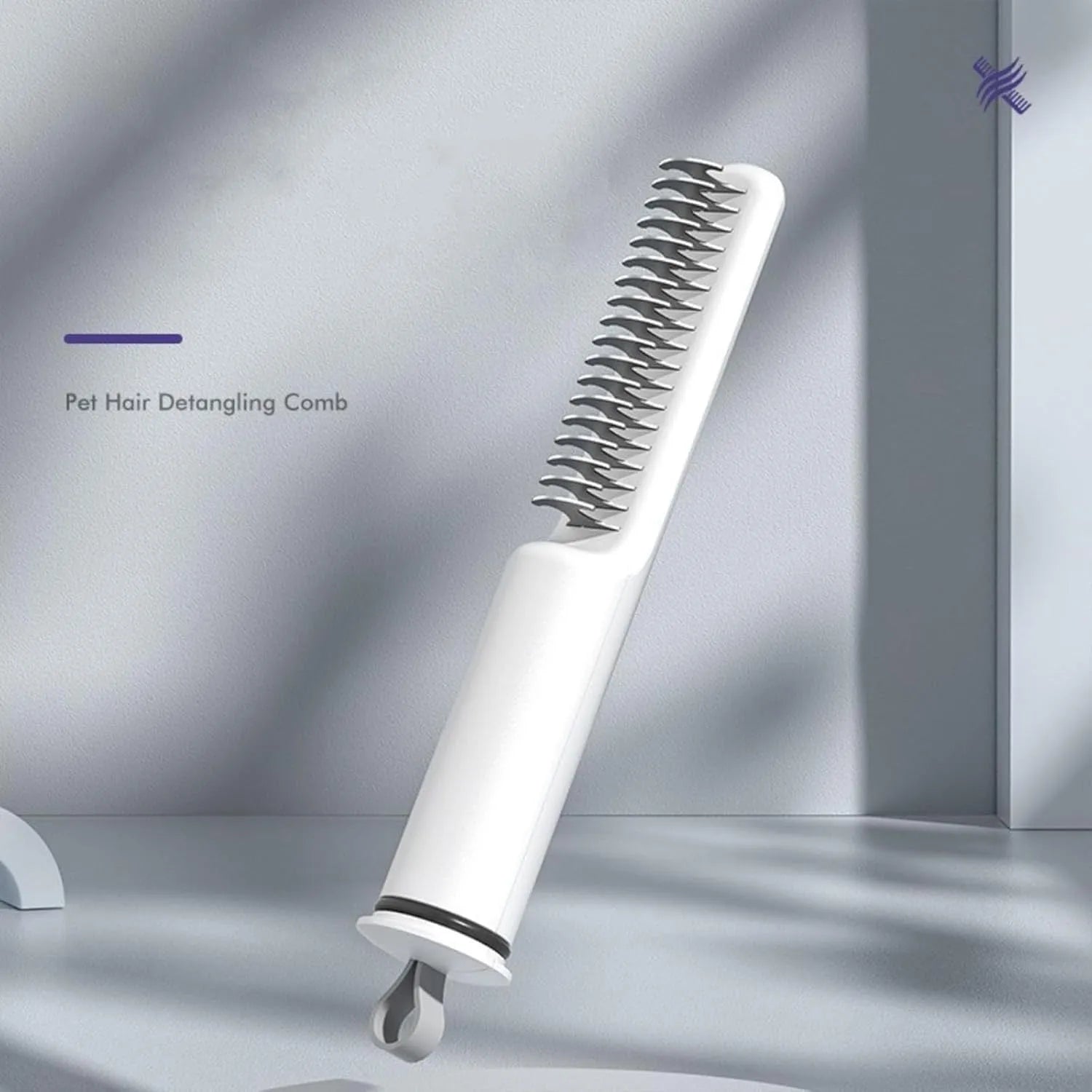 Pink and white stainless steel dematting comb for dogs on a plain background.