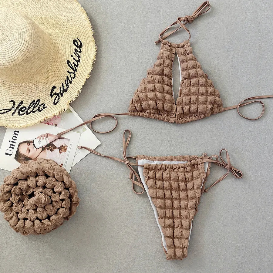 Brown seersucker three-piece women's swimsuit with lace-up design