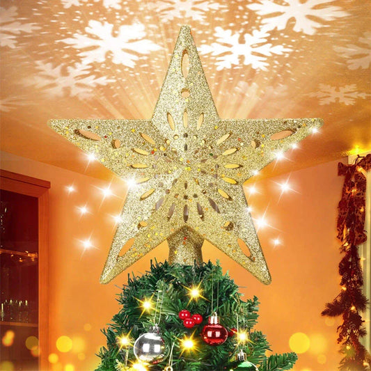 Christmas tree topper star with LED snowflake projector in silver and gold
