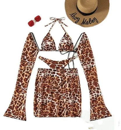 Women's leopard print bikini swimsuit set with matching top, skirt and panties