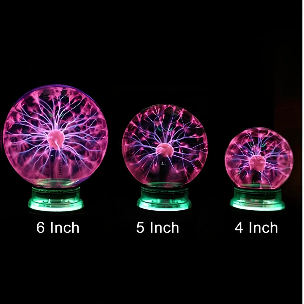 Plasma lightning ball with electrostatic induction showing colourful electrical discharges on glass surface