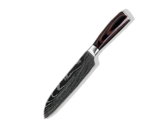 Premium chef knife set with high-performance stainless steel blades, featuring a striking Damascus pattern and ergonomic color-coated handles