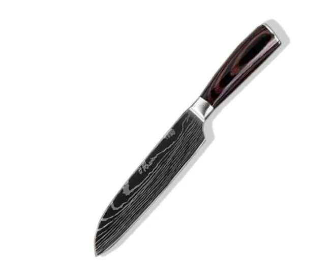 7-inch chef knife with laser Damascus pattern on blade and coloured steel handle on a cutting board.