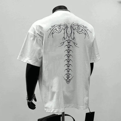 Men's loose fit black cotton short sleeve t-shirt on a hanger.