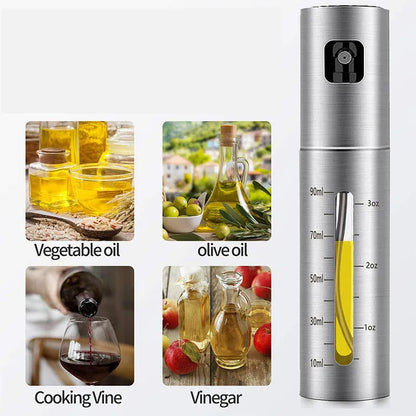 Glass oil spray bottle with stainless steel press cap showing 100ml capacity