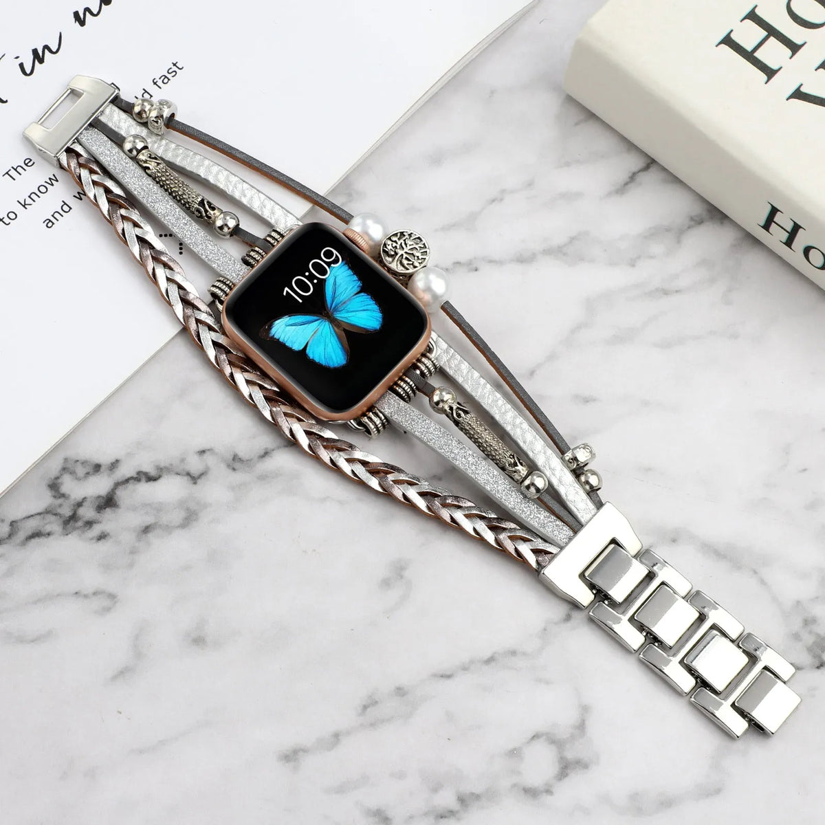 Vintage metal leather beaded watch strap for Apple Watch in 38mm to 45mm, shown in Silver, Beige, Black or Pink