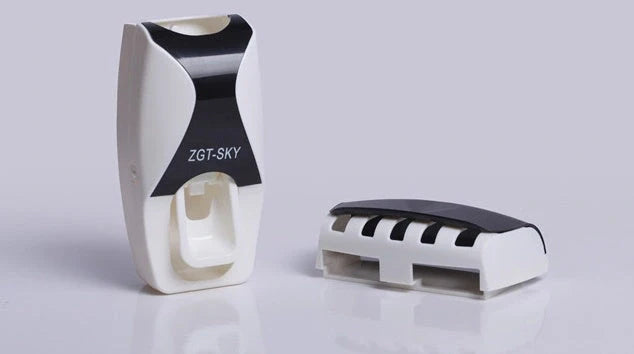Dust proof automatic toothpaste squeezer and toothbrush holder set in black, blue, or red