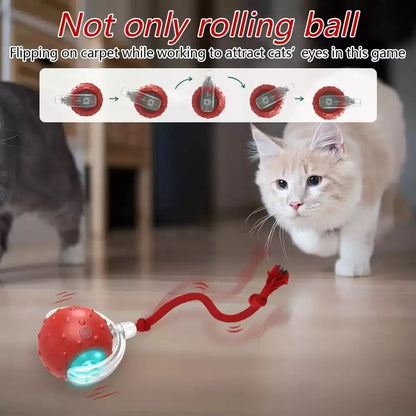 Blue and red interactive motorised cat toy ball with rubber treads for rolling action