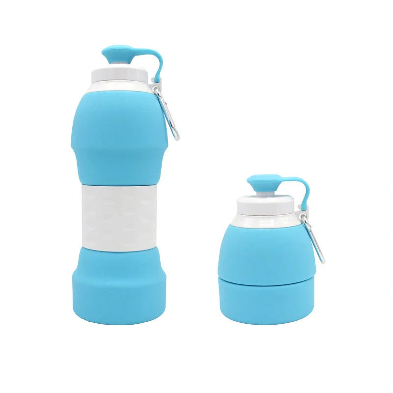 Collapsible silicone water bottle in various colours, perfect for travel and outdoor activities
