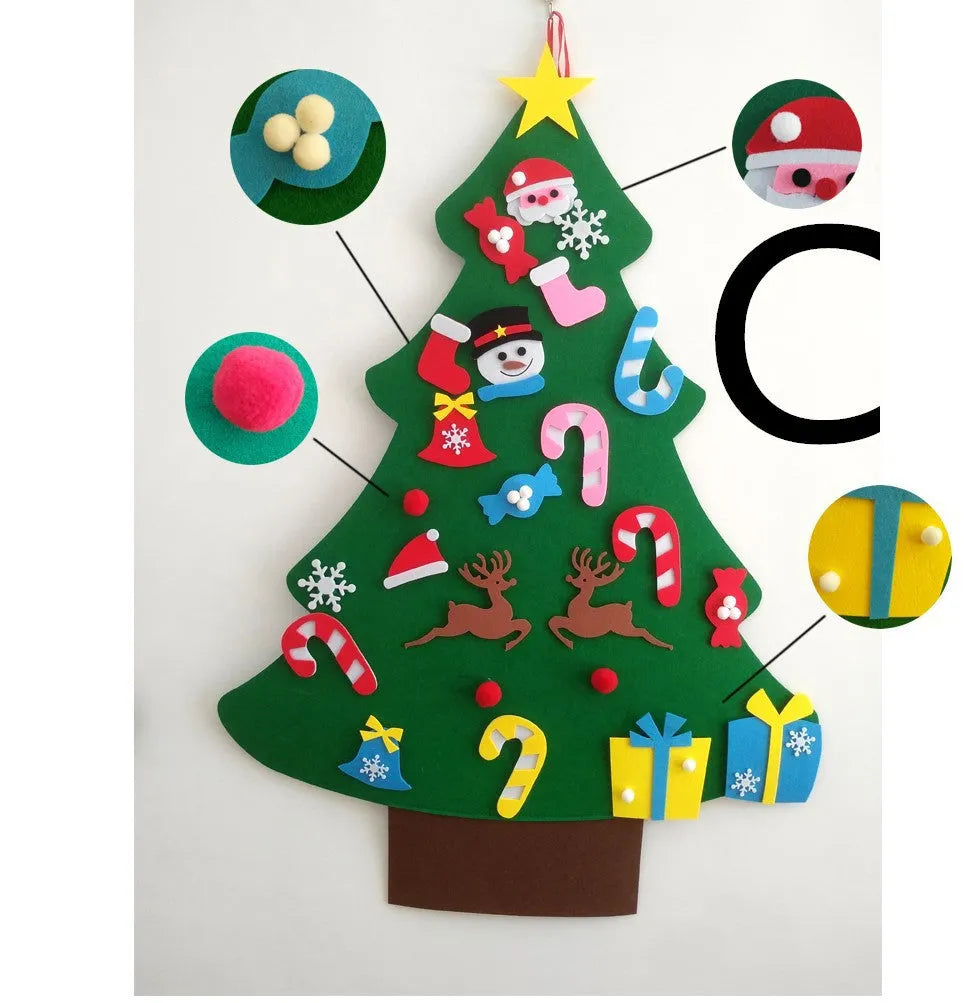 3D layered DIY felt Christmas tree with 32 decorations including Santa, reindeer, snowman, and stockings