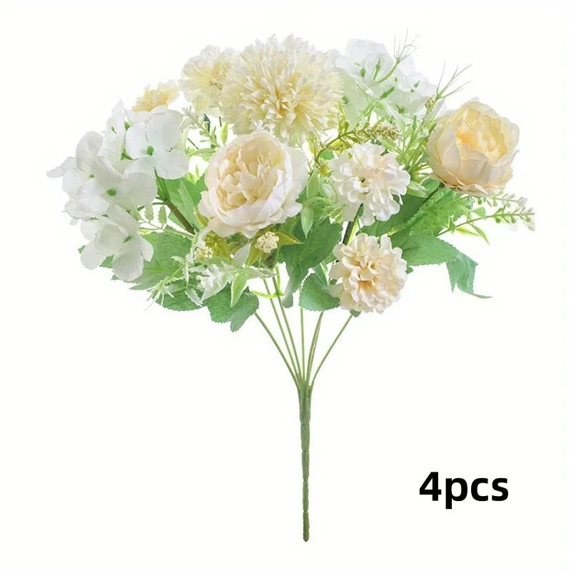 Combination artificial hydrangea flower arrangement in silk and plastic, shown in one of five available colours.