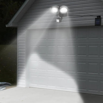 Black and white double head solar security spotlight with motion sensor for outdoor installation