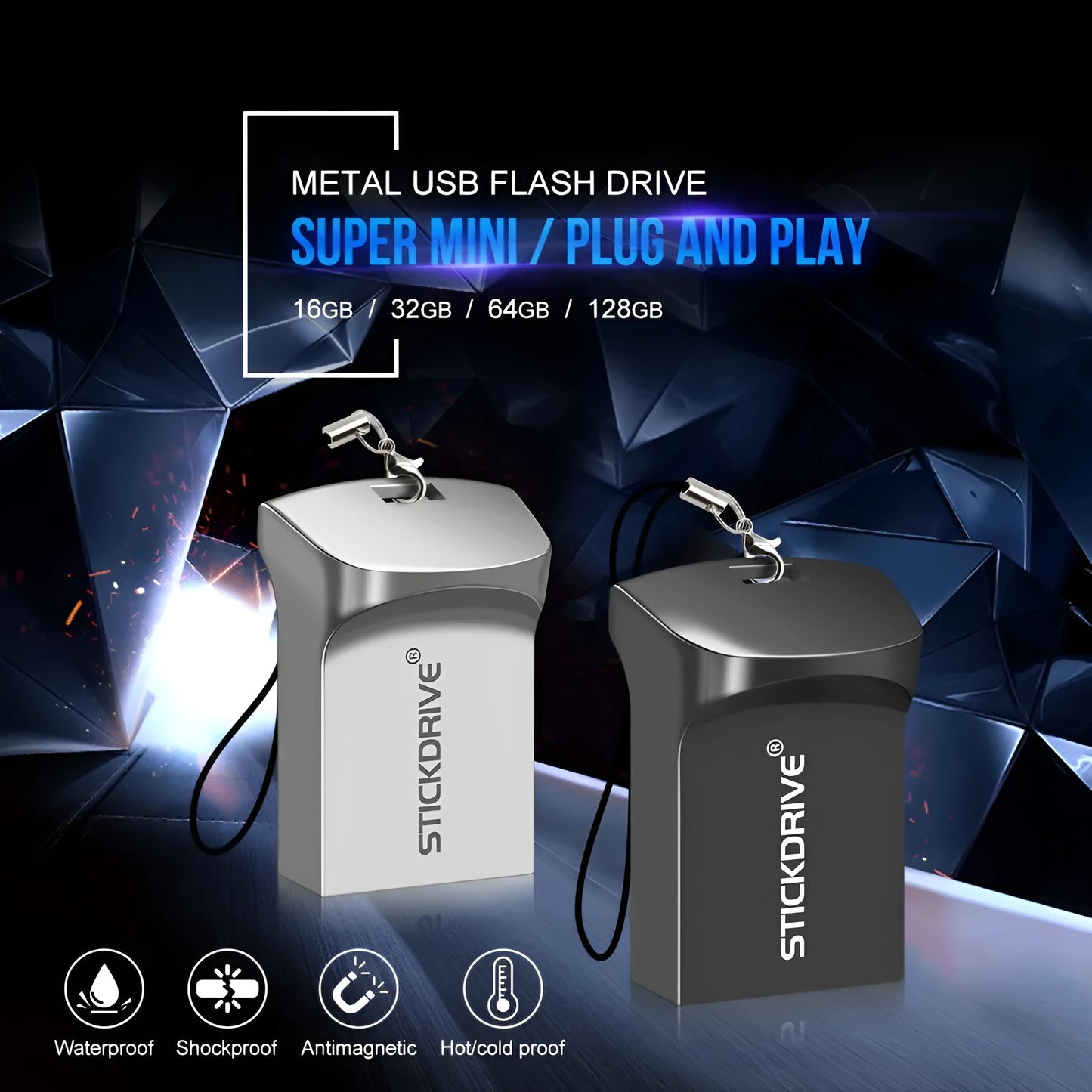 Metal USB flash drive with chain necklace in black or silver colours
