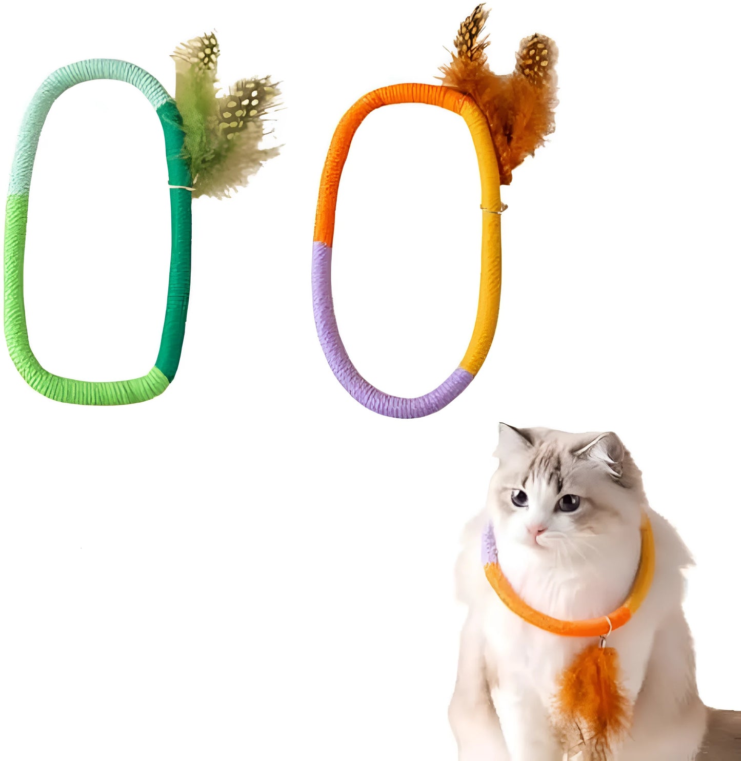 Green circular cotton rope cat toy with feathers and catnip for dental play