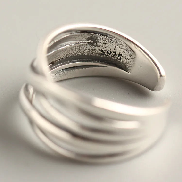 Women's S925 sterling silver ring with vintage weave pattern in retro silver colour