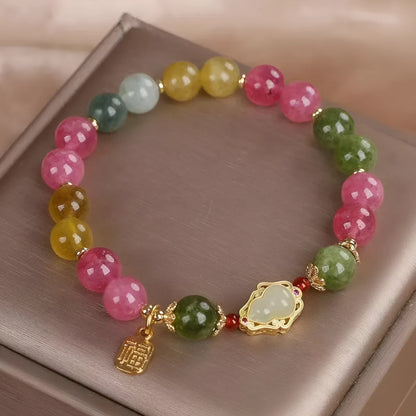 Colourful tourmaline gourd blessing card bracelet for women with electroplated finish.