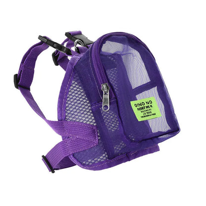 Solid colour dog backpack with breathable mesh panels for pet ventilation.