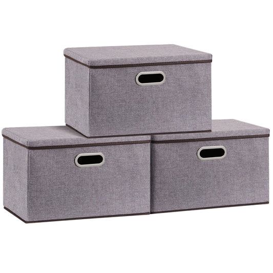Large folding storage box set in grey, made from cotton linen and non-woven fabric