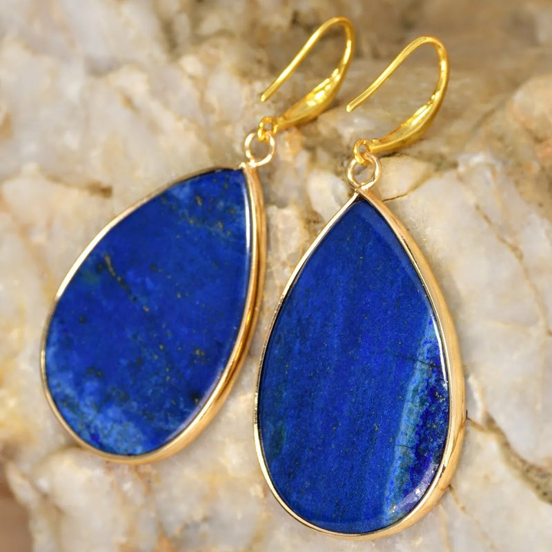 Women's drop pendant earrings crafted from natural stones including amethyst, aventurine and tiger's eye, featuring a water drop shape with European-American retro style and high-profile electroplated settings.