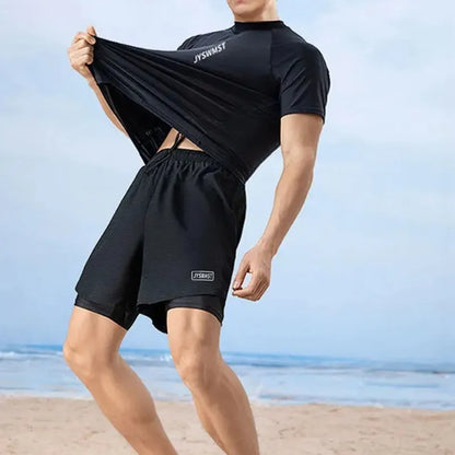 Men's plus size swimming trunks and top set in polyester fabric on a mannequin.