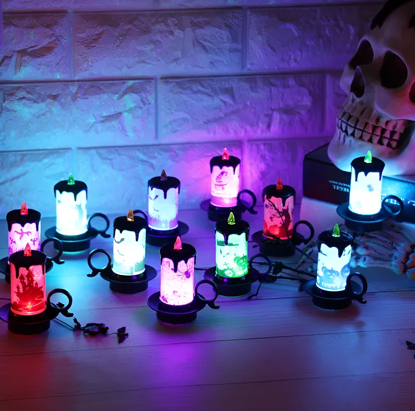 Halloween LED electronic candle light with multi-colour flash and horror stickers