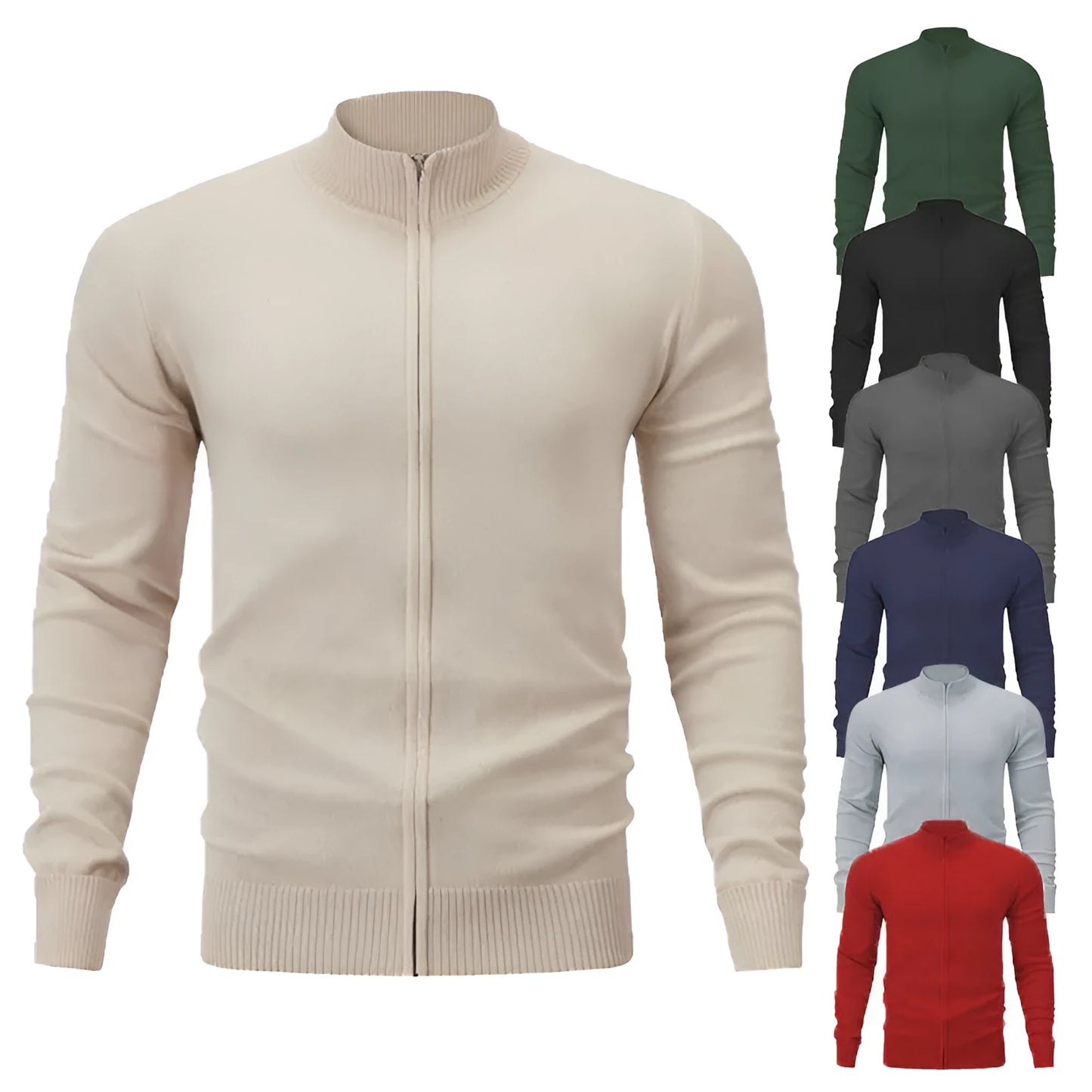 Cotton zipper front sweater with stand collar in multiple colour options showing loose fit