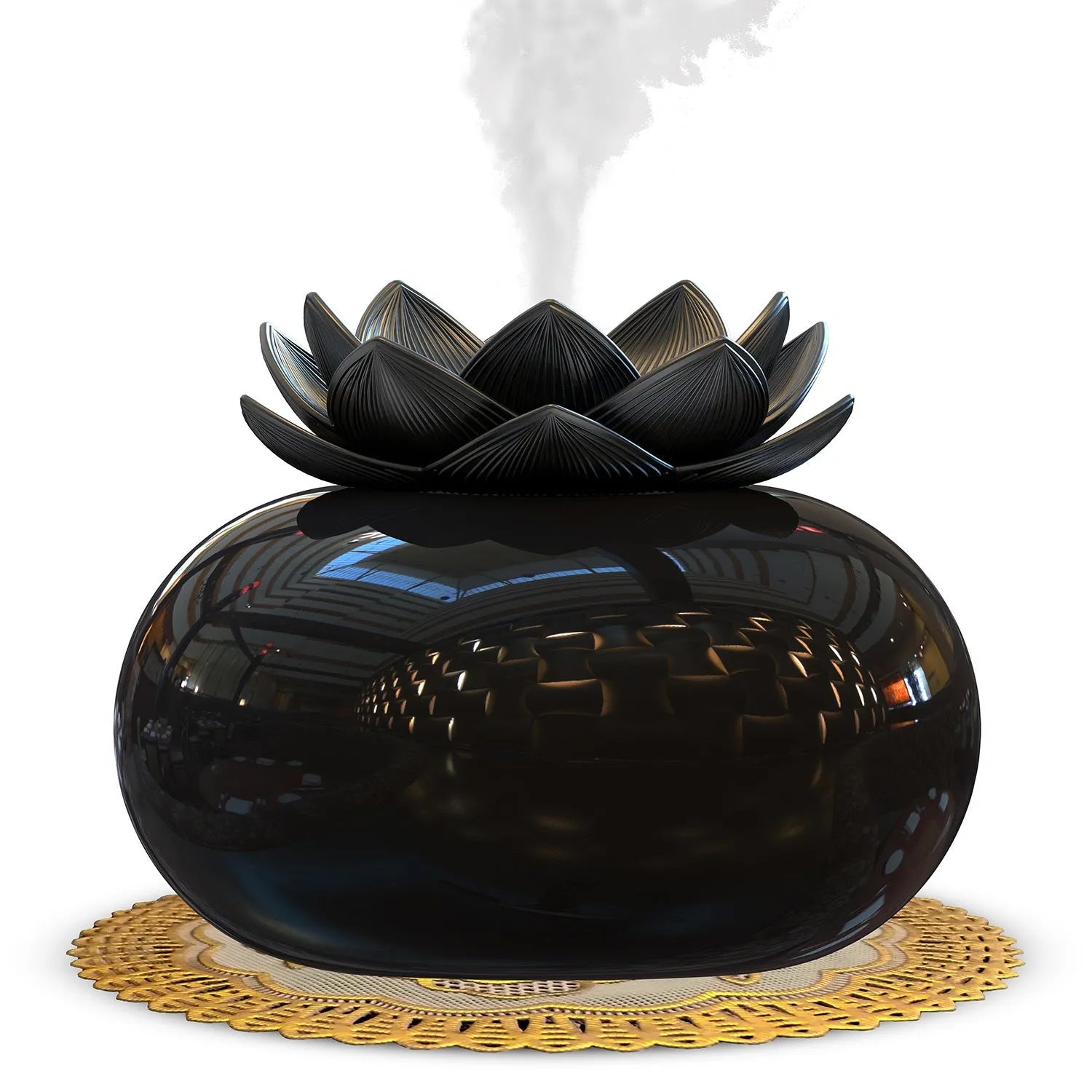 Round black Lotus aromatherapy humidifier with USB cable connection and single mist outlet