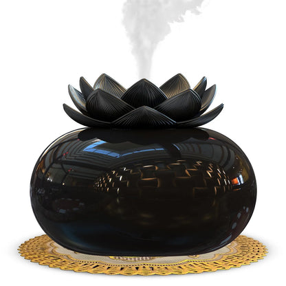 Round black Lotus aromatherapy humidifier with USB cable connection and single mist outlet