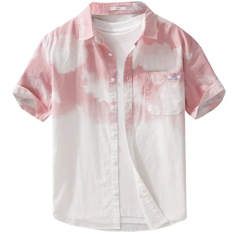 Man wearing a light pink loose-fit pure cotton short sleeve casual shirt.