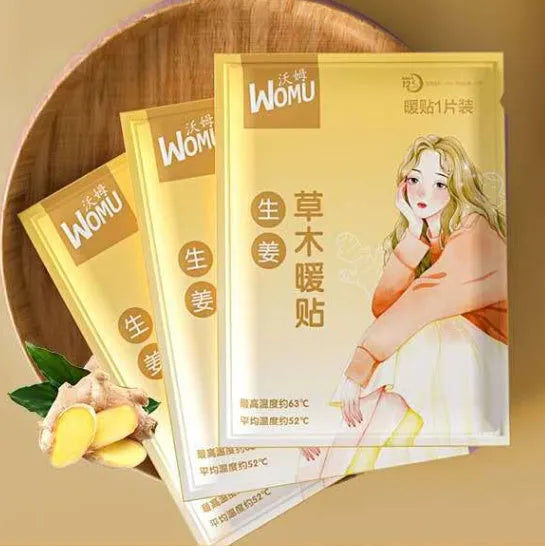 Self-heating uterus warming plaster with herbal options including argy wormwood, ginger, motherwort, and sea salt formulas