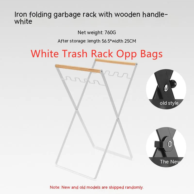 Black outdoor folding trash rack with wooden handle, holding a waste bag.