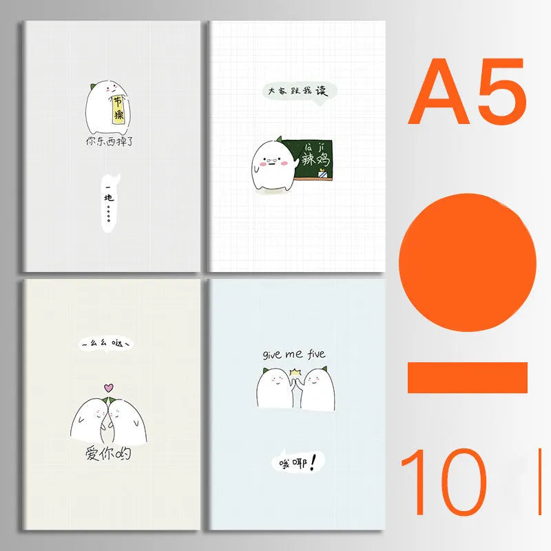 Pack of ten A5 kraft paper thread-bound notebooks with artistic cover designs lying flat.