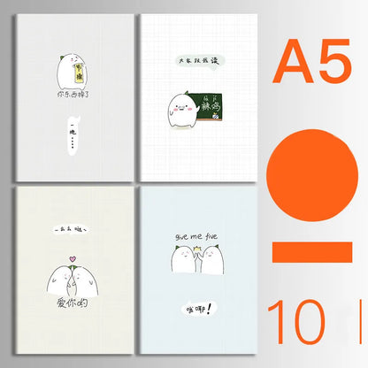 Pack of ten A5 kraft paper thread-bound notebooks with artistic cover designs lying flat.