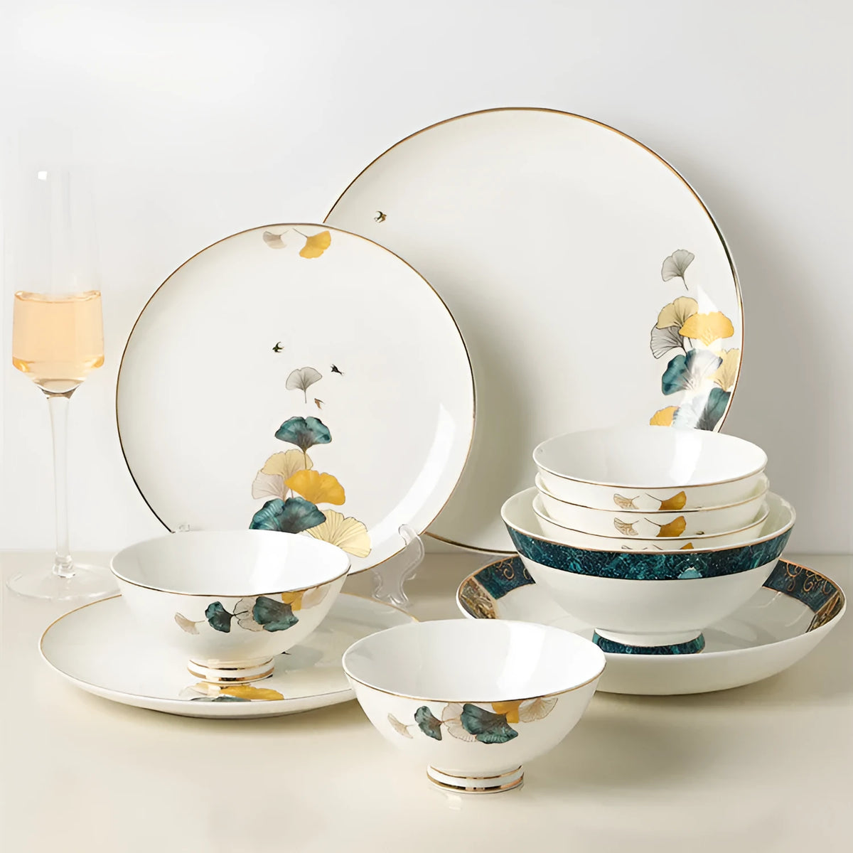 Round porcelain dinner plate with Nordic plant and flower design, flat disk shape, glaze colour finish