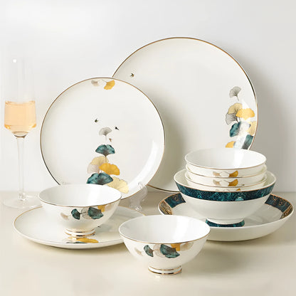 Round porcelain dinner plate with Nordic plant and flower design, flat disk shape, glaze colour finish