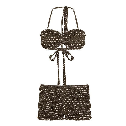Brown polka dot women's two-piece set with sleeveless strappy top and shorts, contrast trim, sizes S M L