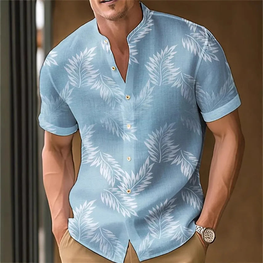 Men's printed polyester casual shirt showing colour options MB01RQ Y085-Y092 with Asian sizing S to 4XL