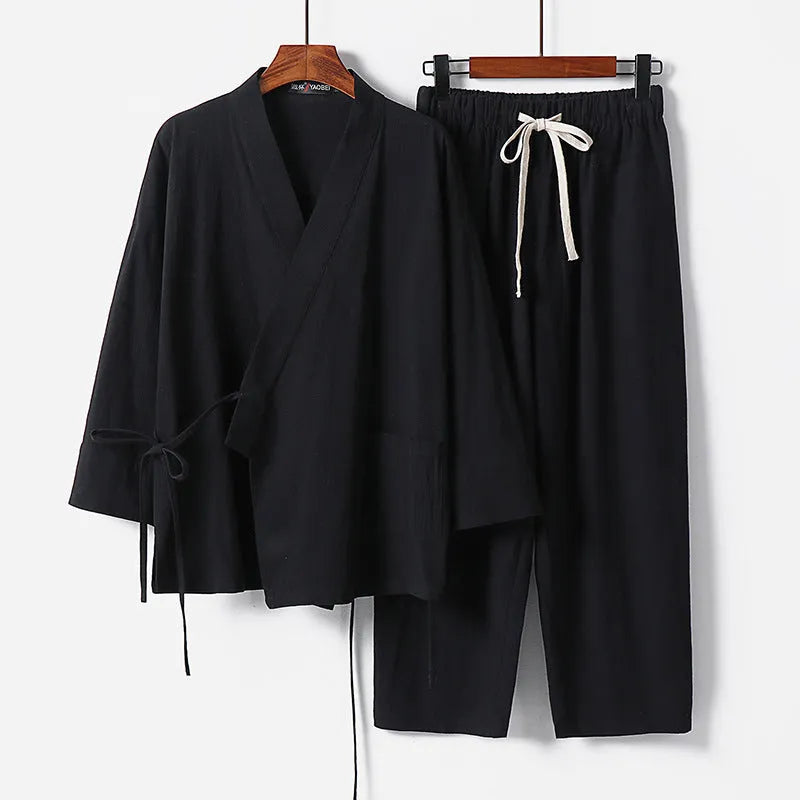 Cotton cardigan hanfu two-piece suit in five colours with shirt-style top and pants