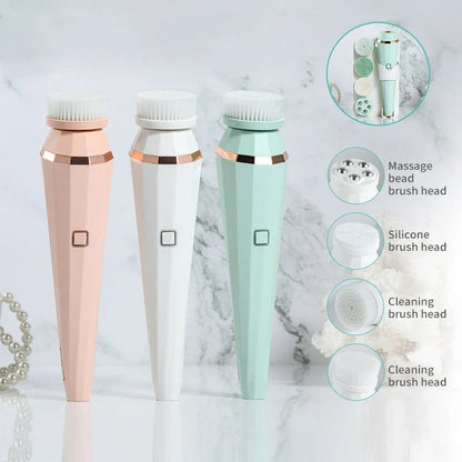4-in-1 USB rechargeable facial cleansing brush with soft silicone brushes for deep cleaning and radiant skin