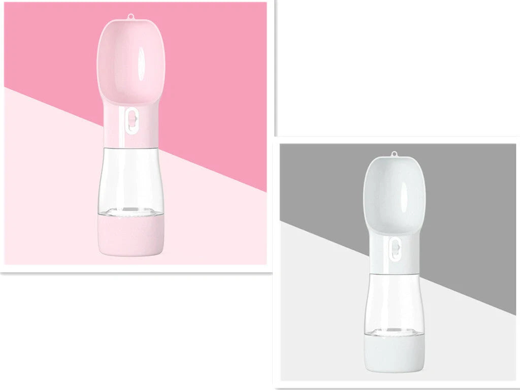 Traveling Out Portable Dog Water and Food Dispenser in pink, green, blue, and gray