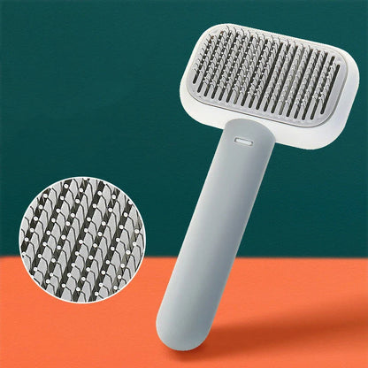 Premium pet hair brush and massage comb for cats and dogs in grey, pink, and green colors