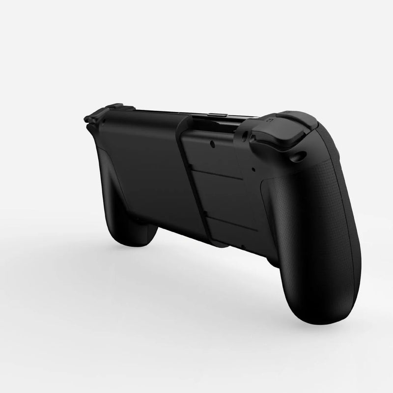 Bluetooth mobile gaming controller with adjustable stretching design for Android and iOS smartphones, compatible with Type-C interface, available in black, red and blue, or white colour options, measuring 17.5cm x 13.5cm x 6.5cm