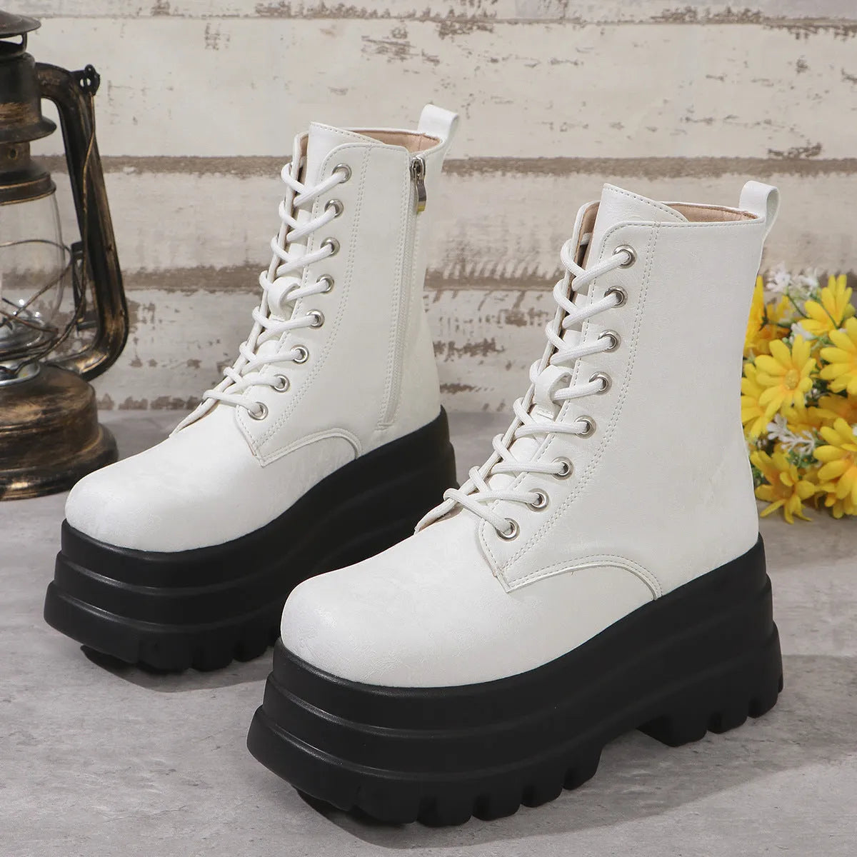 Women's white retro patchwork Martin boots with chunky heel and side zipper.