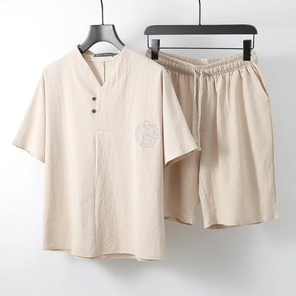 Loose linen-style men's two-piece set with short sleeve top and shorts in cotton fabric